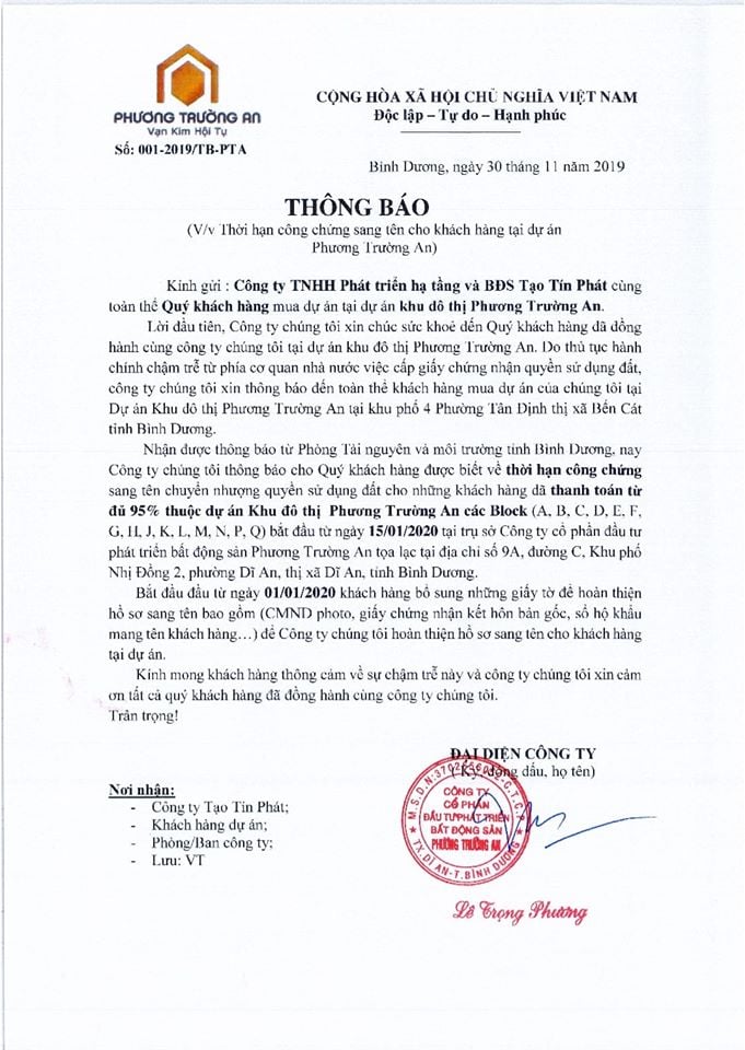 Thông báo lịch công chứng chuyển quyền sử dụng đất dự án Phương Trường An, Bình Dương.