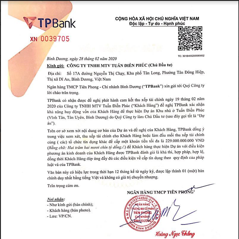 Cam kết ngân hàng TP Bank cho vay vốn tại VITA Riverside